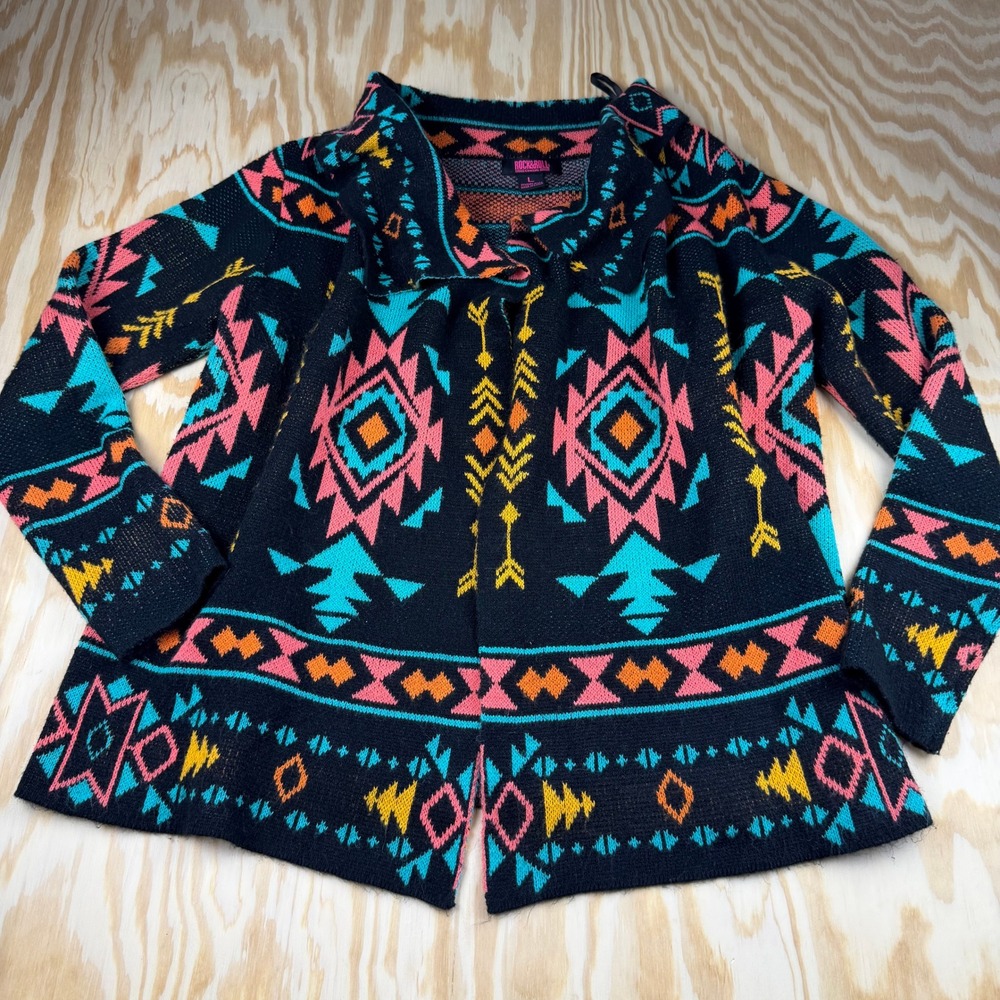Rock & Roll Cowgirl Womens Aztec Geometric Open Front Cardigan Black Large